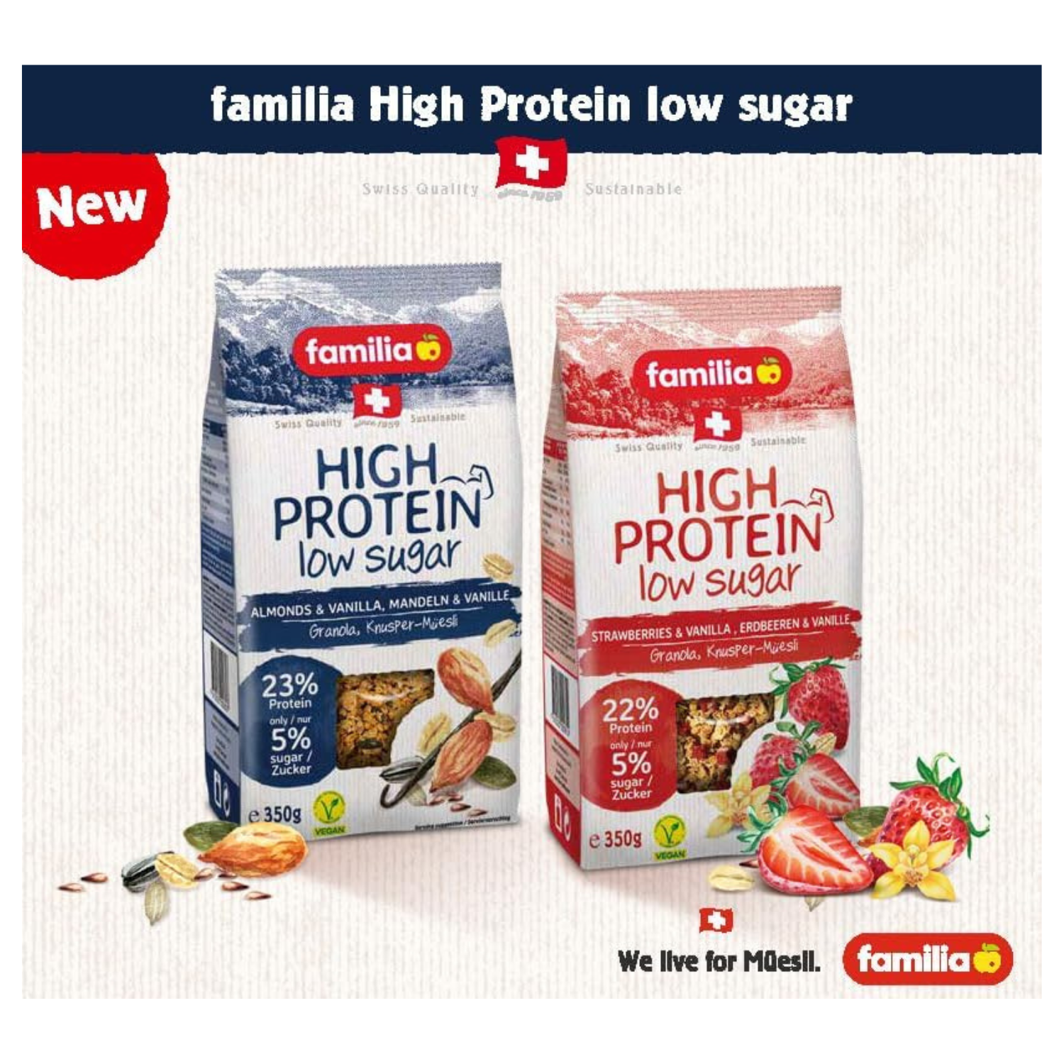 Familia High Protein Muesli, Strawberry & Vanilla, Low Sugar, Vegan - 350g
