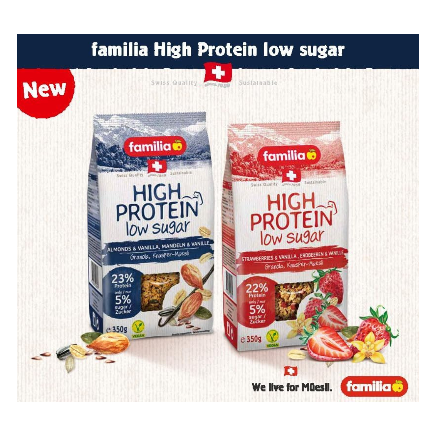 Familia High Protein Muesli, Almond & Vanilla, Low Sugar, Vegan - 350g