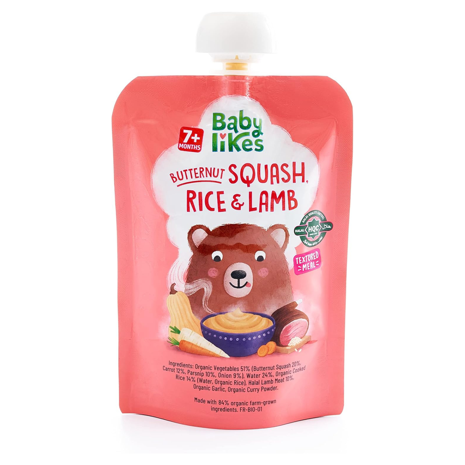 Babylikes Organic Halal Baby Food Pouches Stage 2 (7+ months) - Butternut Squash, Rice and Lamb Puree Meals 130g, Dairy-Free Complete Weaning Food for Babies On-the-Go