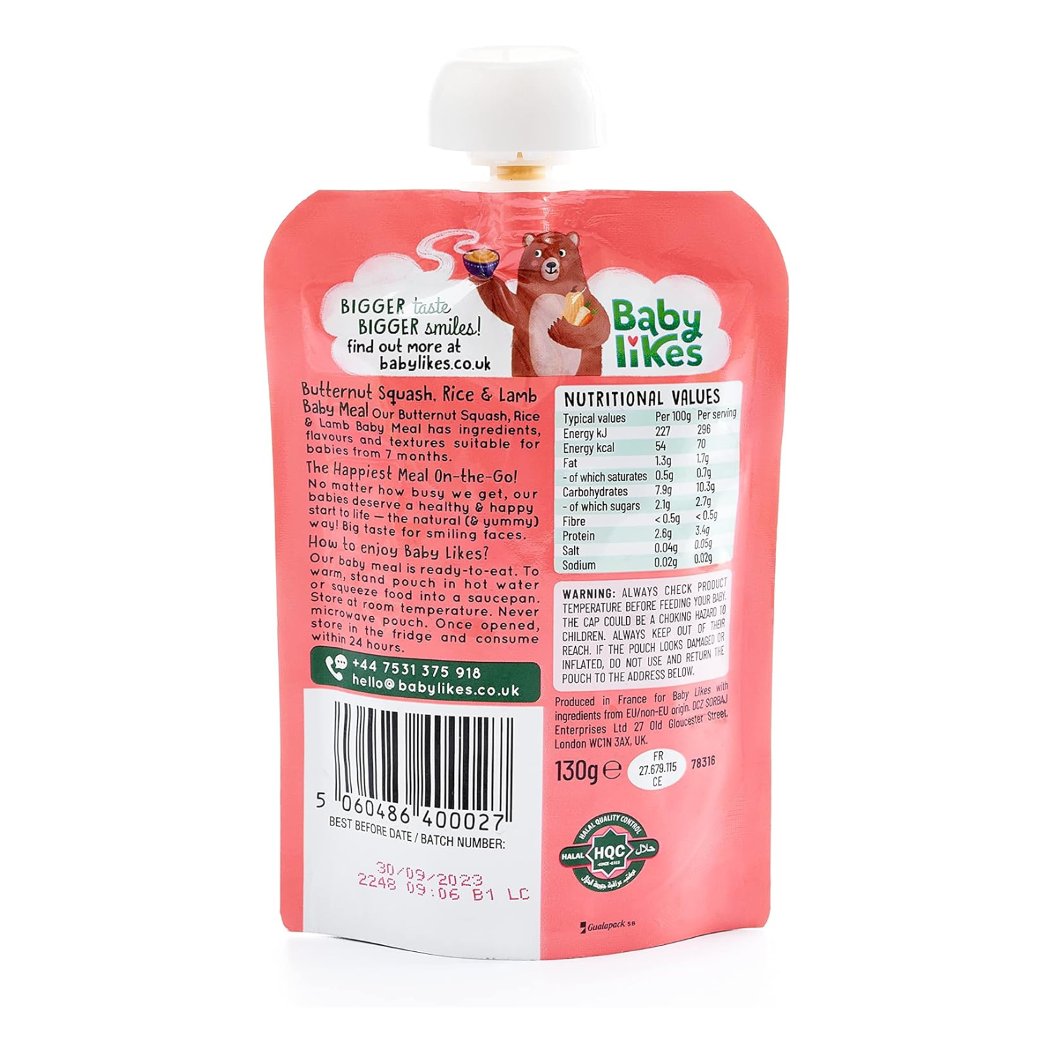 Babylikes Organic Halal Baby Food Pouches Stage 2 (7+ months) - Butternut Squash, Rice and Lamb Puree Meals 130g, Dairy-Free Complete Weaning Food for Babies On-the-Go