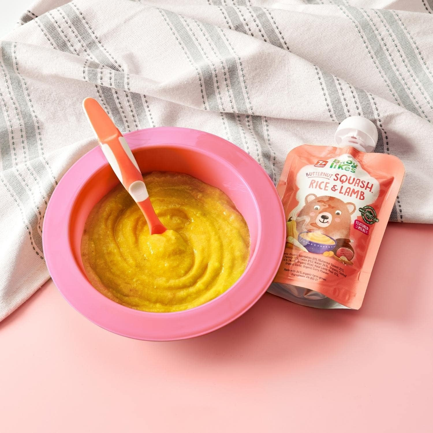Babylikes Organic Halal Baby Food Pouches Stage 2 (7+ months) - Butternut Squash, Rice and Lamb Puree Meals 130g, Dairy-Free Complete Weaning Food for Babies On-the-Go