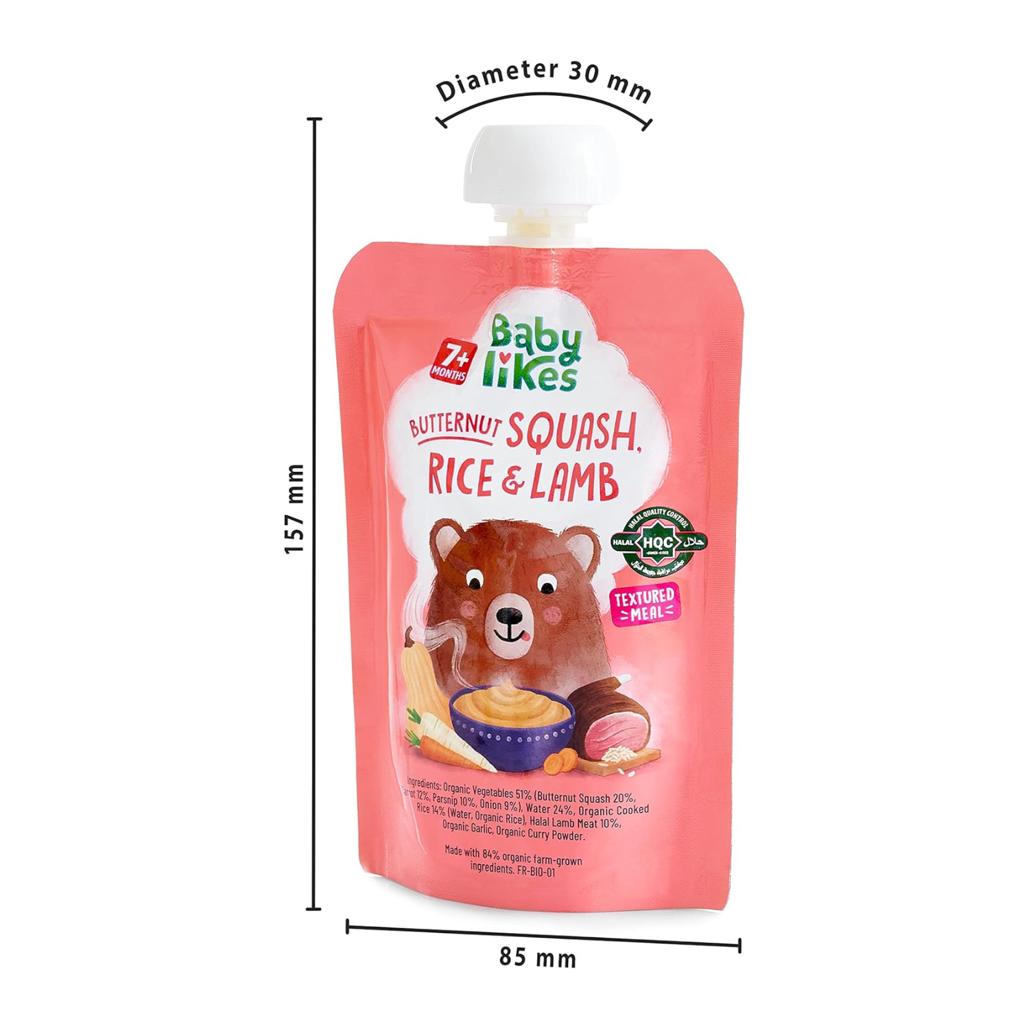 Babylikes Organic Halal Baby Food Pouches Stage 2 (7+ months) - Butternut Squash, Rice and Lamb Puree Meals 130g, Dairy-Free Complete Weaning Food for Babies On-the-Go