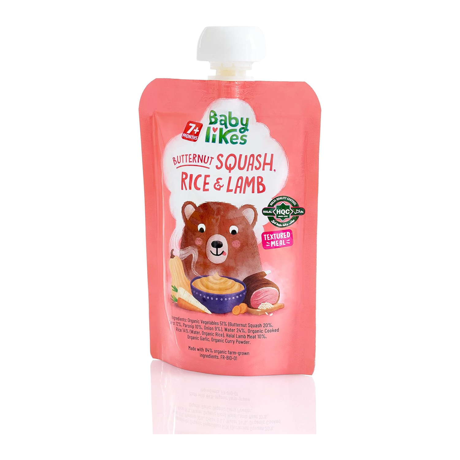 Babylikes Organic Halal Baby Food Pouches Stage 2 (7+ months) - Butternut Squash, Rice and Lamb Puree Meals 130g, Dairy-Free Complete Weaning Food for Babies On-the-Go
