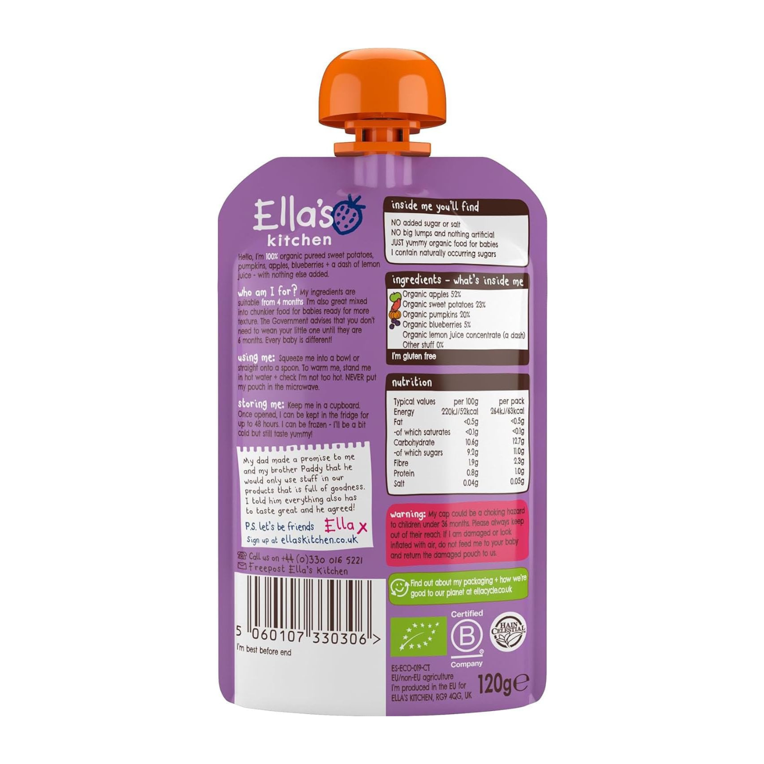 Ella's Kitchen Organic Super Smooth Sweet Potatoes, Pumpkin, Apples and Blueberries Puree, 4+ Months Baby Food, Gluten & Dairy Free - 120g