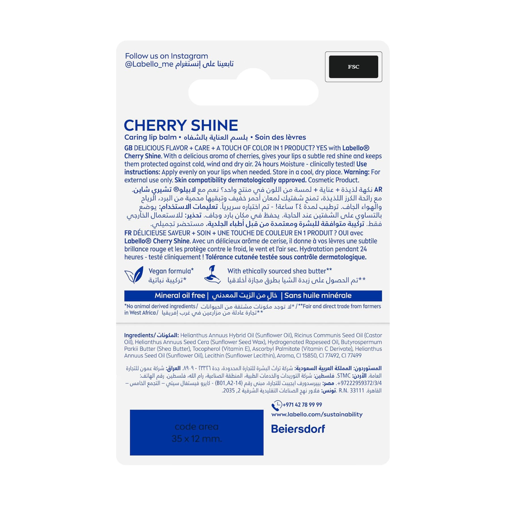 Labello Cherry Shine Lip Balm, 24H Melt-In Moisture, with Shea Butter and Natural Oils Enriched with Vitamins, with Natural Ingredients, Mineral Oil Free, Vegan, 4.8g
