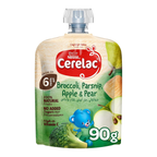 Cerelac Broccoli, Parsnip, Apple & Pear, 100% Natural Fruits, No Added Sugar, From 6 Months, Puree Pouch 90g (16 Pouches)