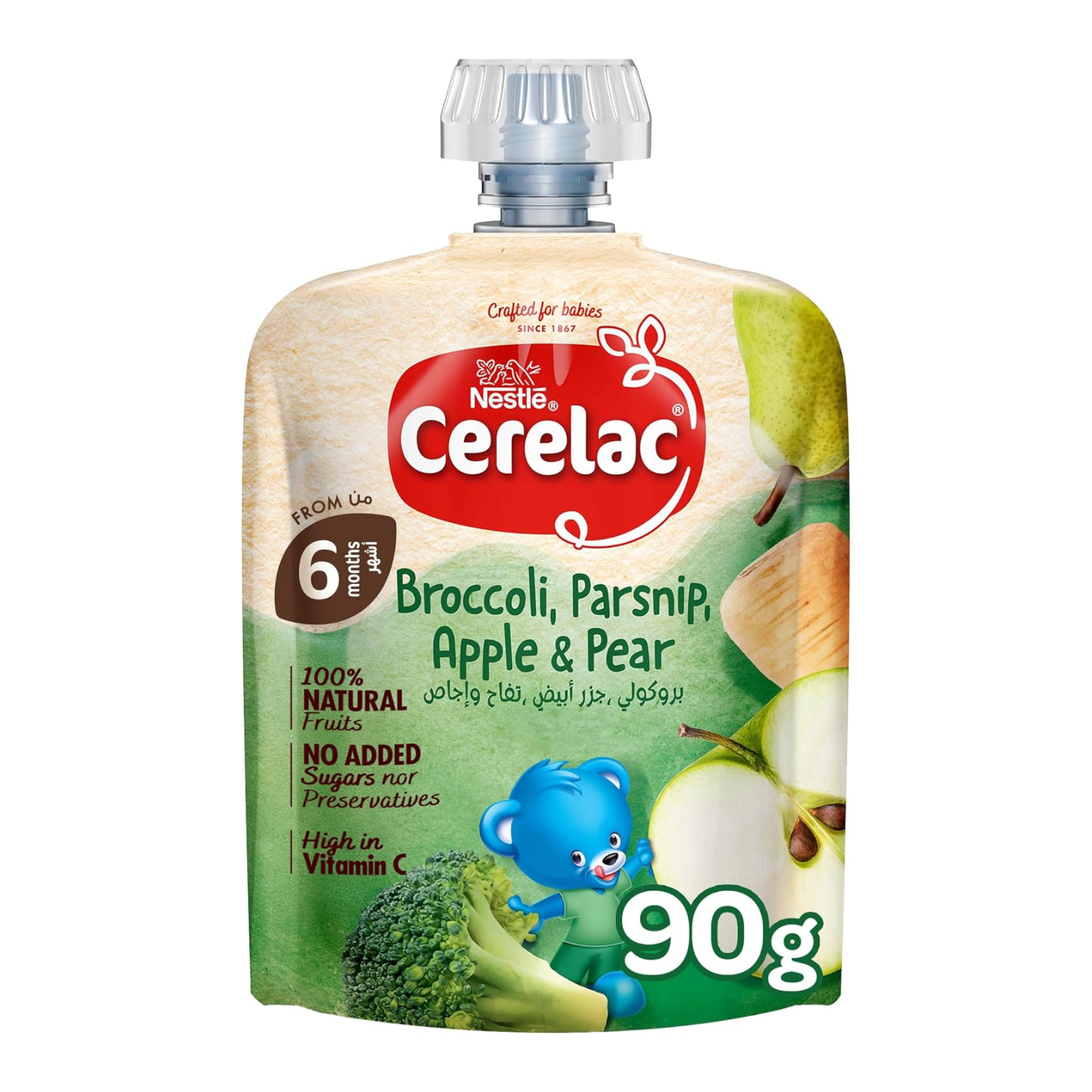 Cerelac Broccoli, Parsnip, Apple & Pear, 100% Natural Fruits, No Added Sugar, From 6 Months, Puree Pouch 90g (16 Pouches)