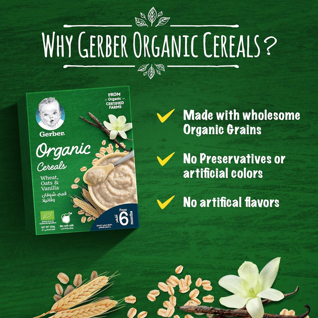 Nestle Gerber Organic Infant Cereals Wheat, Oat & Vanilla Fruit Puree, 200 G