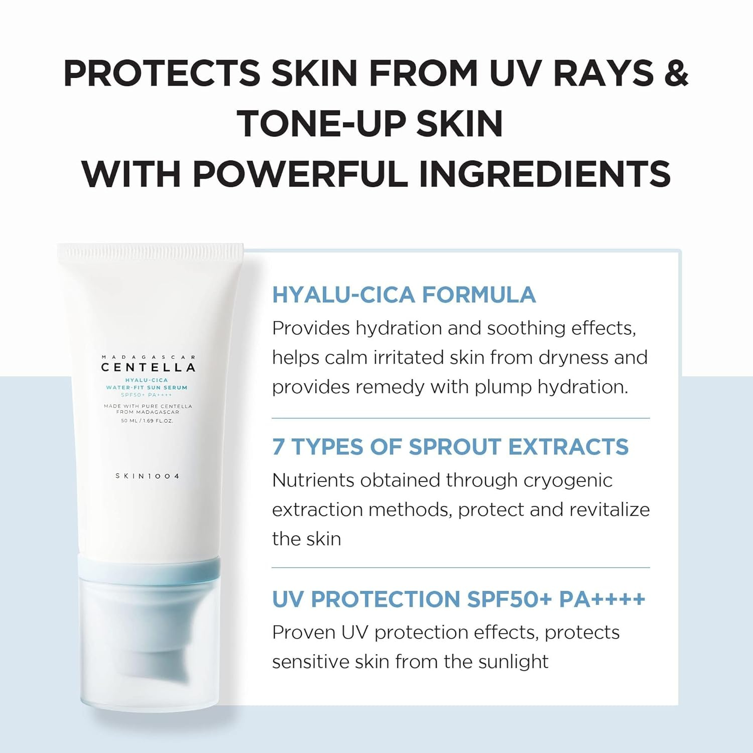 SKIN1004 Hyalu-Cica Water-Fit Sun Serum SPF 50 PA++++| Lightweight Korean Sunscreen for All Skin Types with Hyaluronic Acid & Centella, 50ml