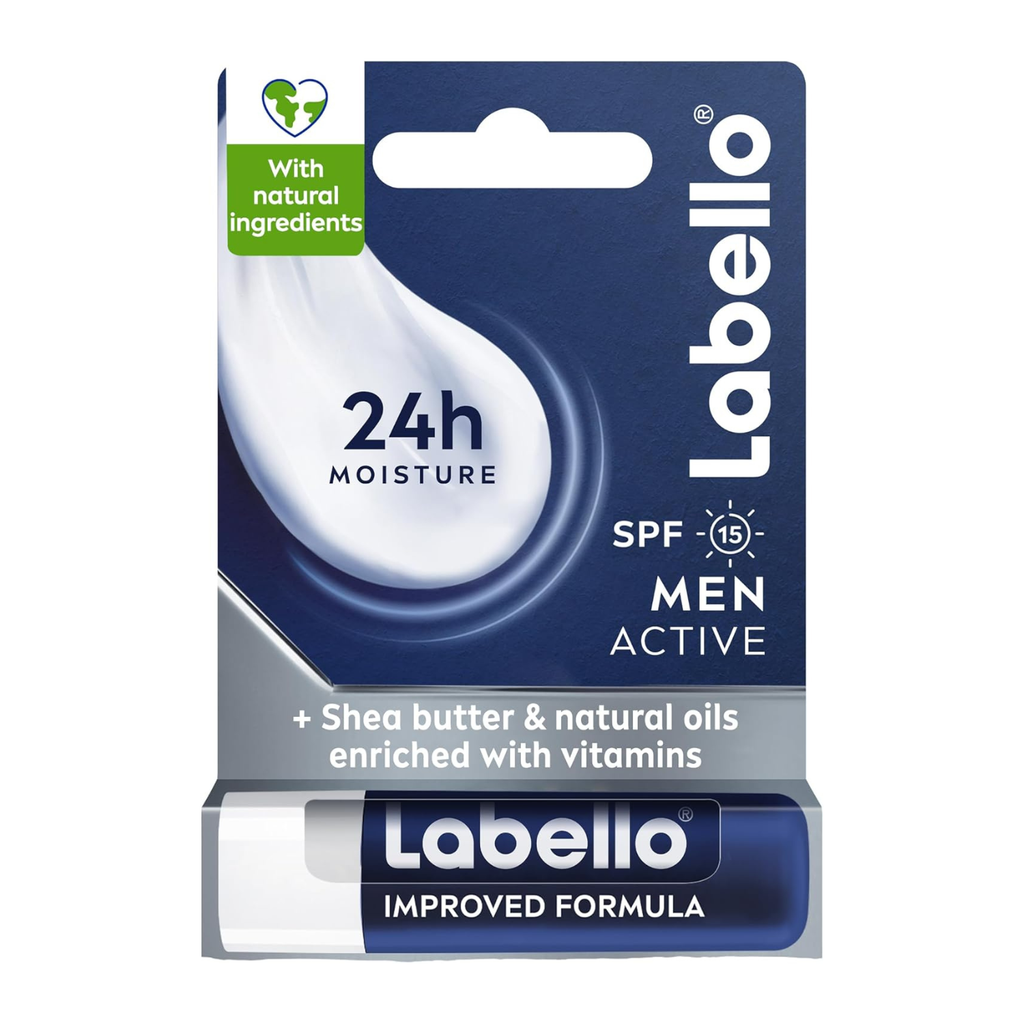 Labello Men Active Lip Balm, SPF 15, 24H Melt-In Moisture, with naturally derived ingredients, Mineral Oil Free, Fragrance Free, 4.8g