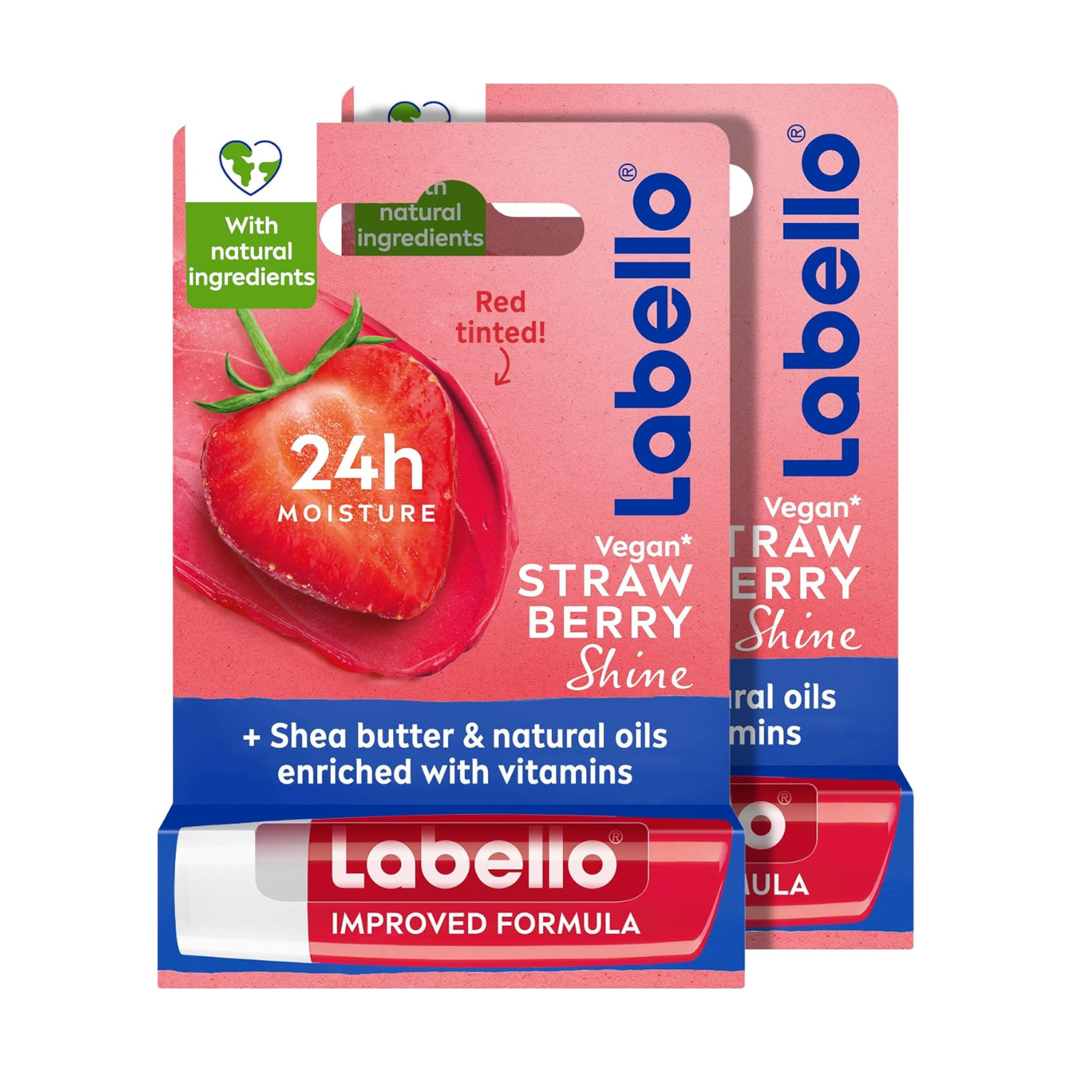 Labello Strawberry Shine Lip Balm, 24H Melt-In Moisture, with Shea Butter and Natural Oils Enriched with Vitamins, with Natural Ingredients, Mineral Oil Free, Vegan, 4.8g, Pack of 2