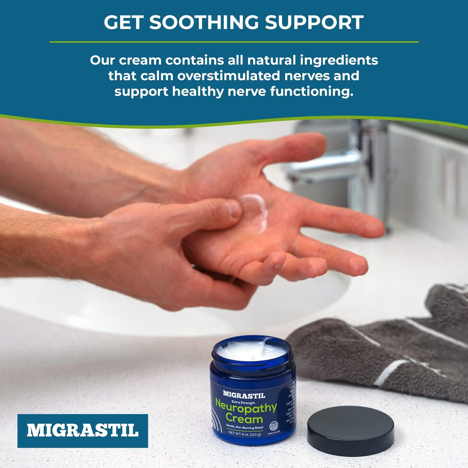 Migrastil Extra Strength Neuropathy Nerve Cream (4 oz.) - Gentle, Non-Burning Support for Feet, Hands, Legs, etc. Long-Lasting Non-Greasy Plant-Based Formula - No Strong Odor. Made in the USA