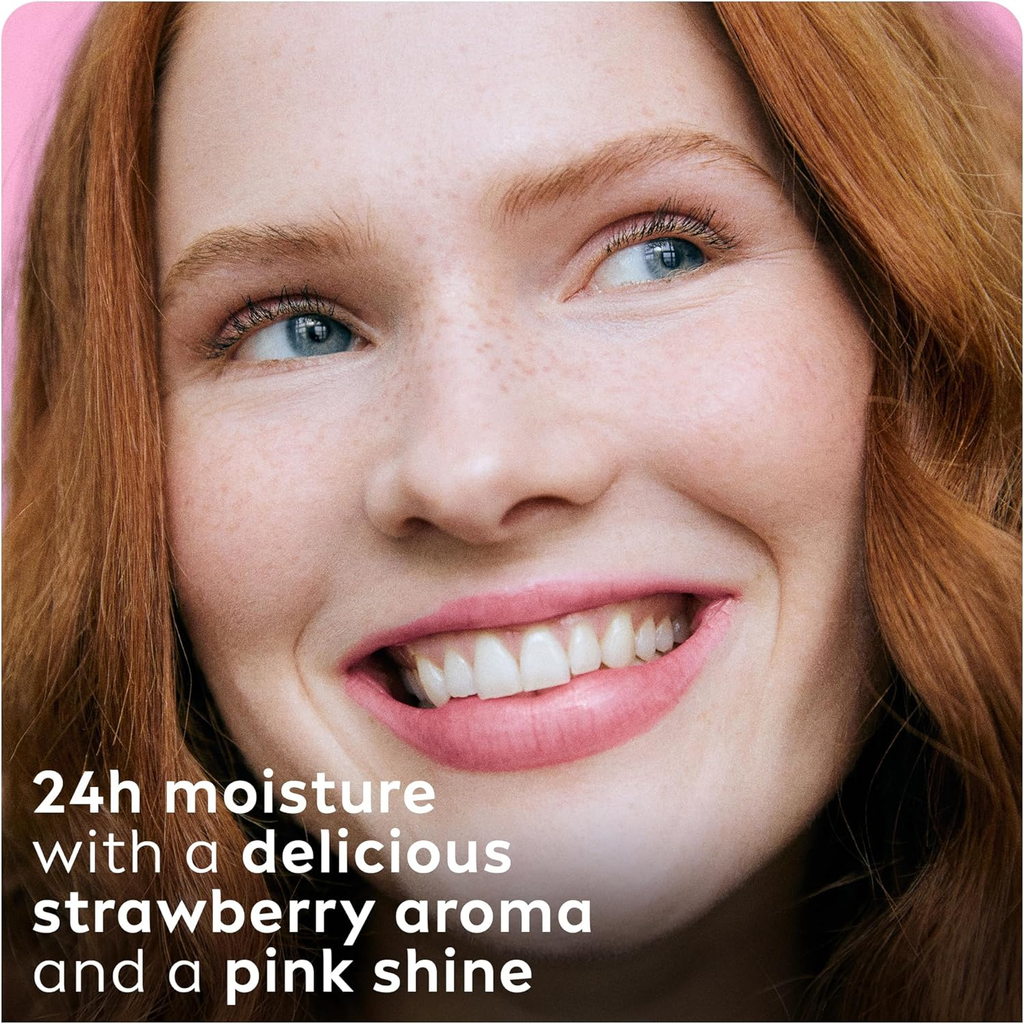 Labello Strawberry Shine Lip Balm, 24H Melt-In Moisture, with Shea Butter and Natural Oils Enriched with Vitamins, with Natural Ingredients, Mineral Oil Free, Vegan, 4.8g, Pack of 2