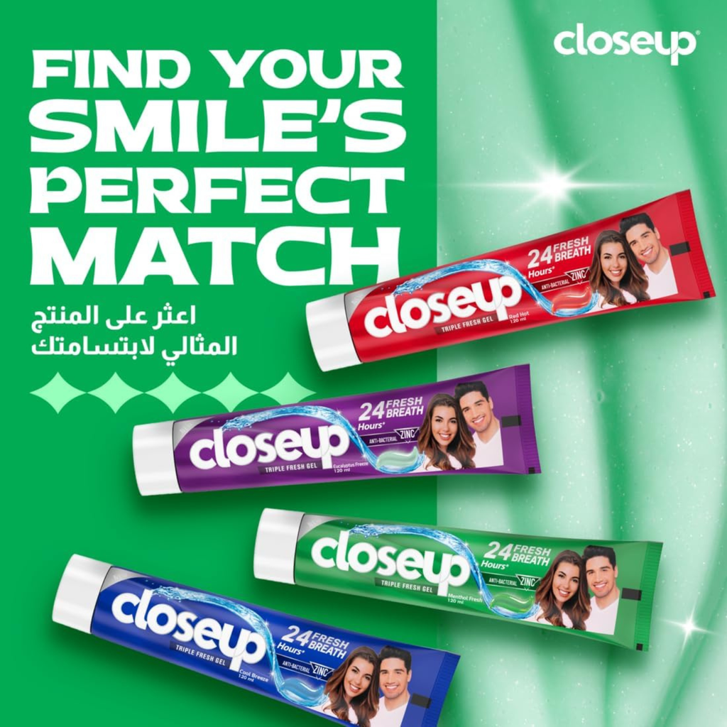 Closeup Triple Fresh Gel Toothpaste, Menthol Fresh, for 24HR fresh breath, 75ml x 4