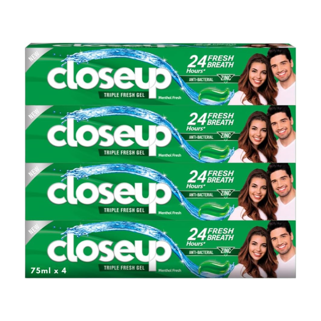 Closeup Triple Fresh Gel Toothpaste, Menthol Fresh, for 24HR fresh breath, 75ml x 4