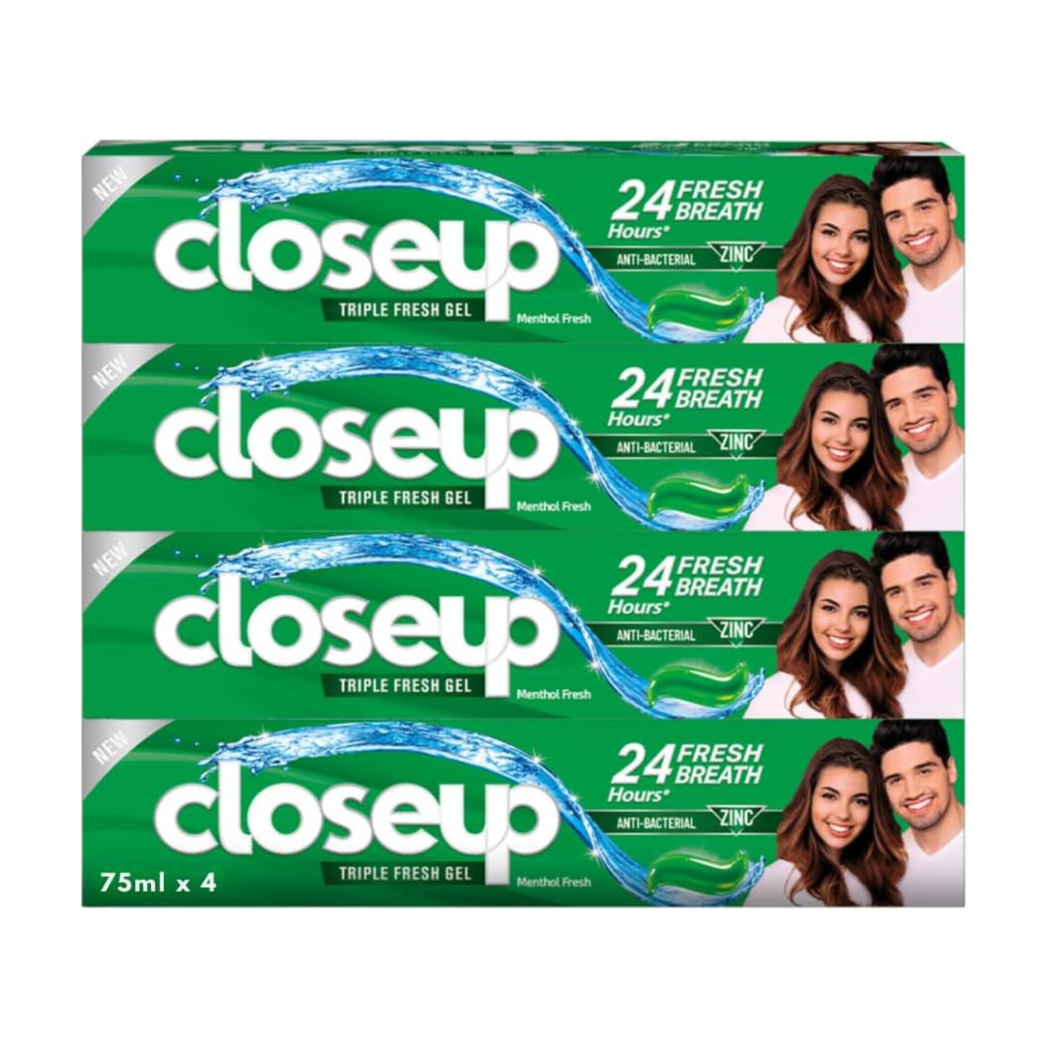 Closeup Triple Fresh Gel Toothpaste, Menthol Fresh, for 24HR fresh breath, 75ml x 4