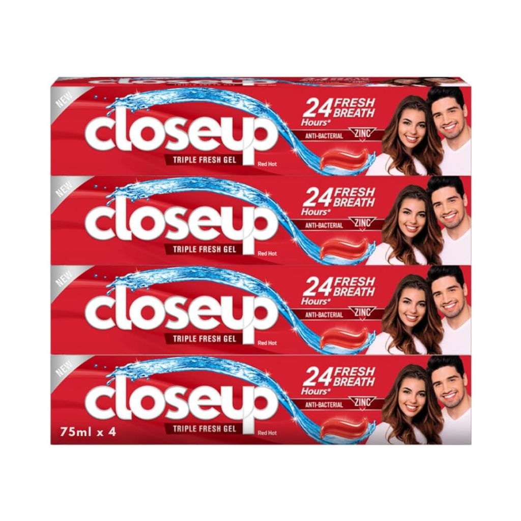 Closeup Triple Fresh Gel Toothpaste, Red Hot, for 24HR fresh breath, 75ml x 4