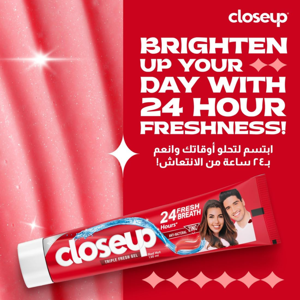 Closeup Triple Fresh Gel Toothpaste, Red Hot, for 24HR fresh breath, 75ml x 4
