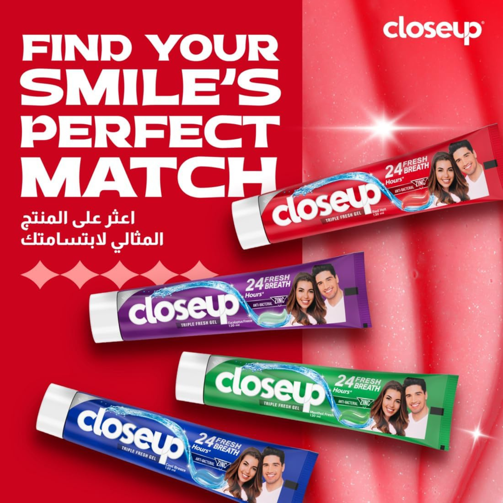 Closeup Triple Fresh Gel Toothpaste, Red Hot, for 24HR fresh breath, 75ml x 4