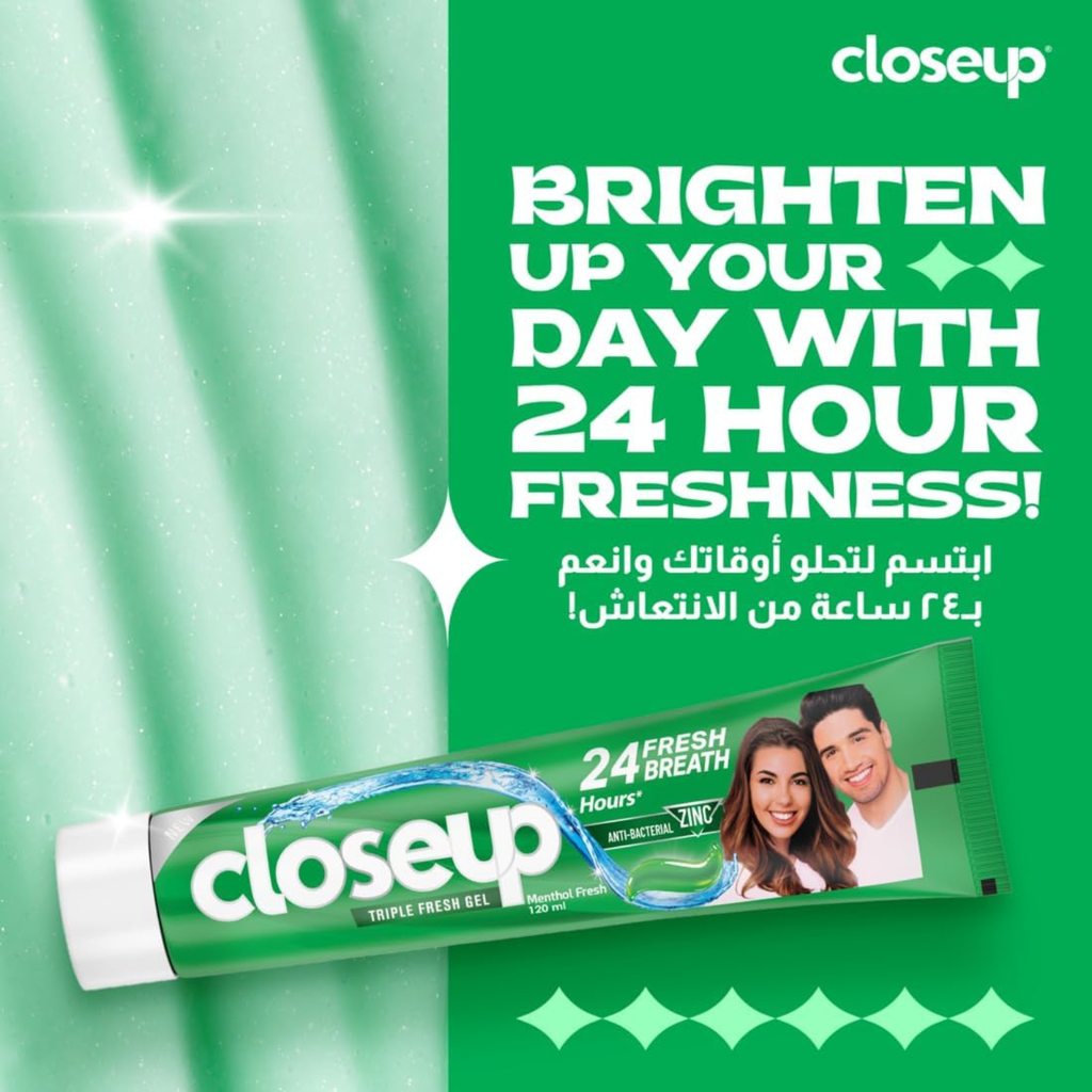 Closeup Triple Fresh Gel Toothpaste, Menthol Fresh, for 24HR fresh breath, 75ml x 4