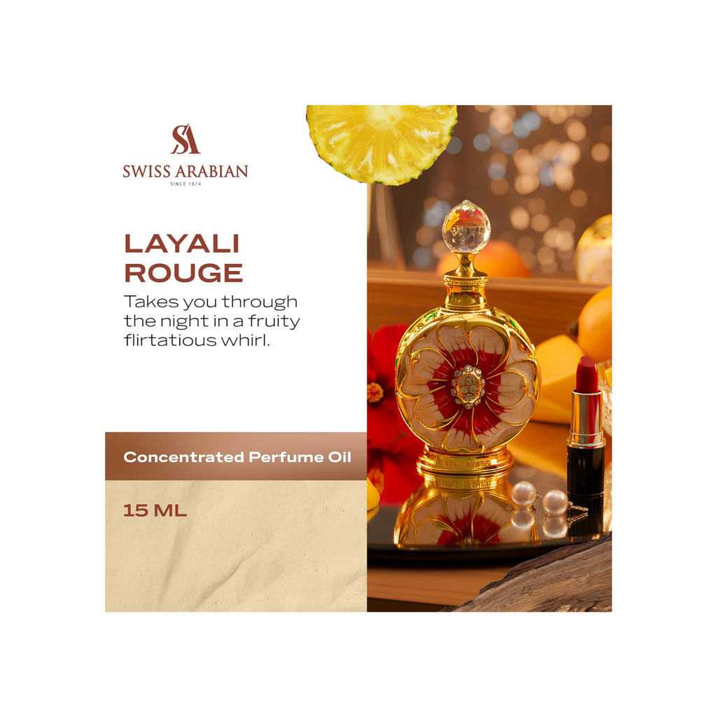 Swiss Arabian Layali Rouge Concentrated Perfume Oil, 15ml, Premium Quality Perfume Oil, Men and Women’s Fragrance, Floral, Fruity, Gourmand Luxurious Blend Perfumes for Women and Men