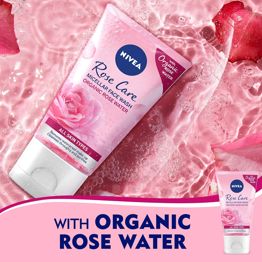 NIVEA Face Wash Micellar, Rose Care with Organic Rose, All Skin Types, 150ml - Package Design May Vary