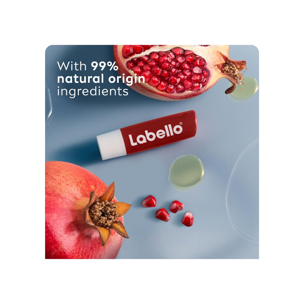 Labello Pomegranate Shine Lip Balm, 24H Melt-In Moisture, with Shea Butter and Natural Oils Enriched with Vitamins, with Natural Ingredients, Mineral Oil Free, Vegan, 4.8g