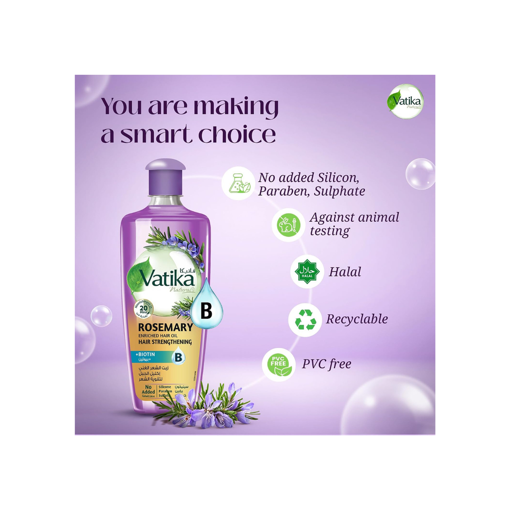 Vatika Naturals Rosemary Oil for Hair Growth 200ml | Infused with Biotin | Promotes Stronger Hair Growth, Prevents Hair Fall | Scalp Nourishment in 20 minutes | No Parabens, Sulphates or Silicones