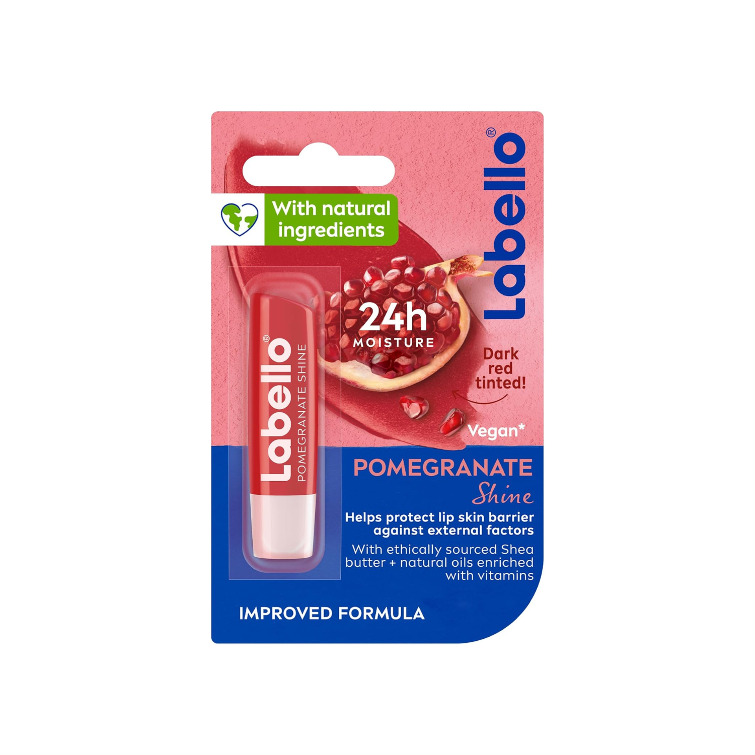 Labello Pomegranate Shine Lip Balm, 24H Melt-In Moisture, with Shea Butter and Natural Oils Enriched with Vitamins, with Natural Ingredients, Mineral Oil Free, Vegan, 4.8g