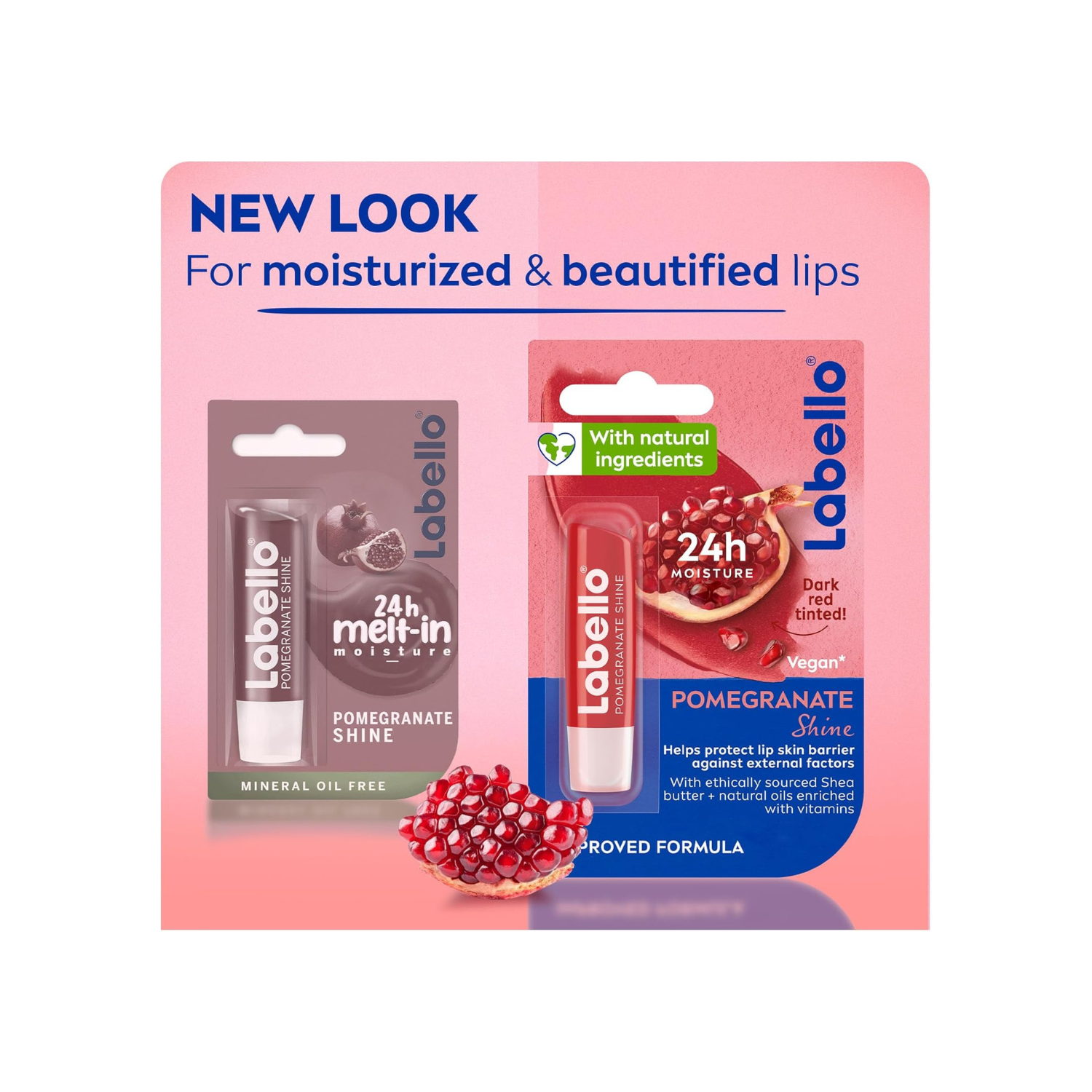Labello Pomegranate Shine Lip Balm, 24H Melt-In Moisture, with Shea Butter and Natural Oils Enriched with Vitamins, with Natural Ingredients, Mineral Oil Free, Vegan, 4.8g